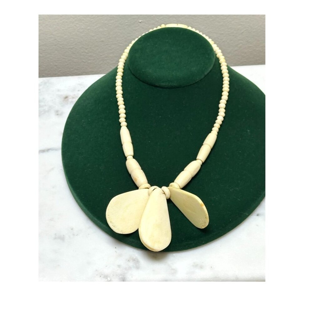 Vintage Bone Beaded Necklace Tribal Large Teardrop Pendant Handmade 17 inches